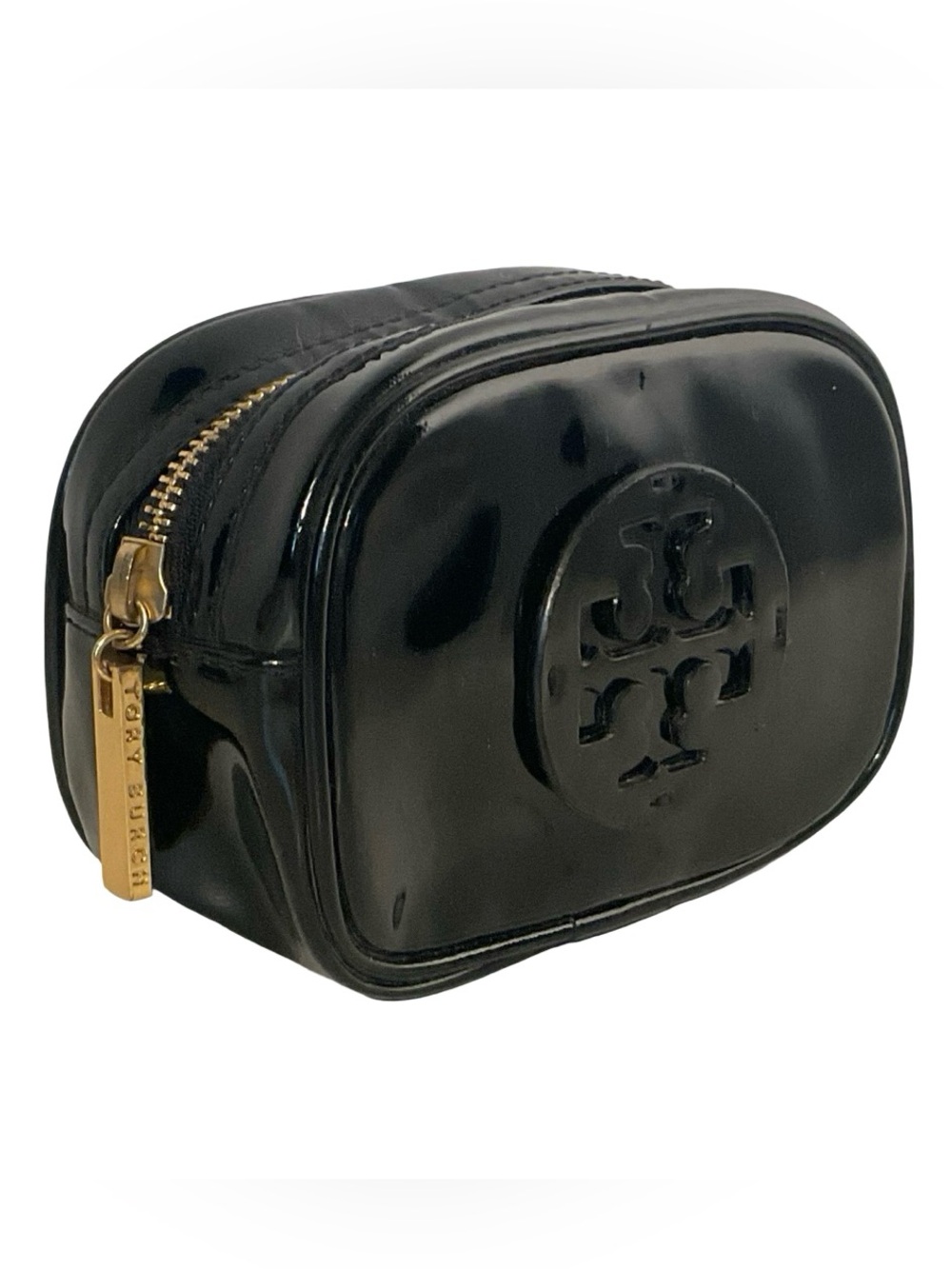 Tory Burch Black Patent Logo Mini Pouch with Gold Hardware